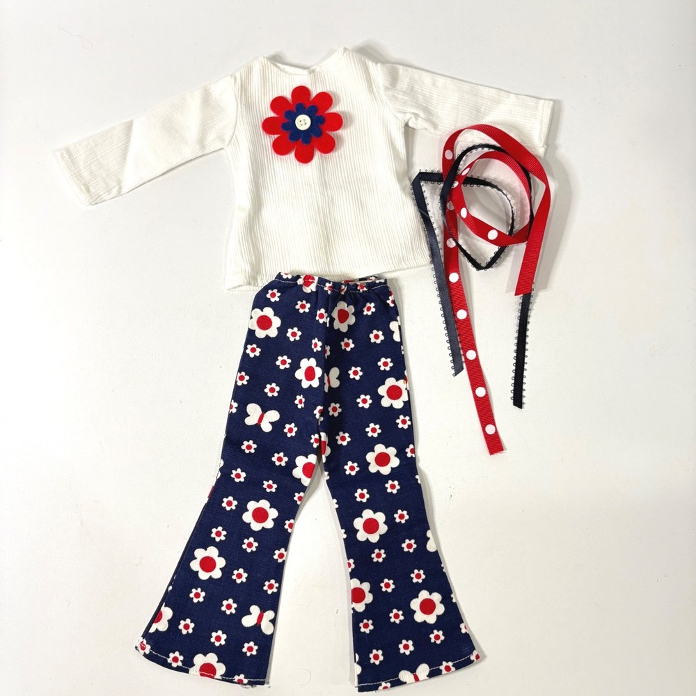 Handmade 14 Inch Doll Clothes Set Floral Flare Pants Ribbed Flower Top Ribbons